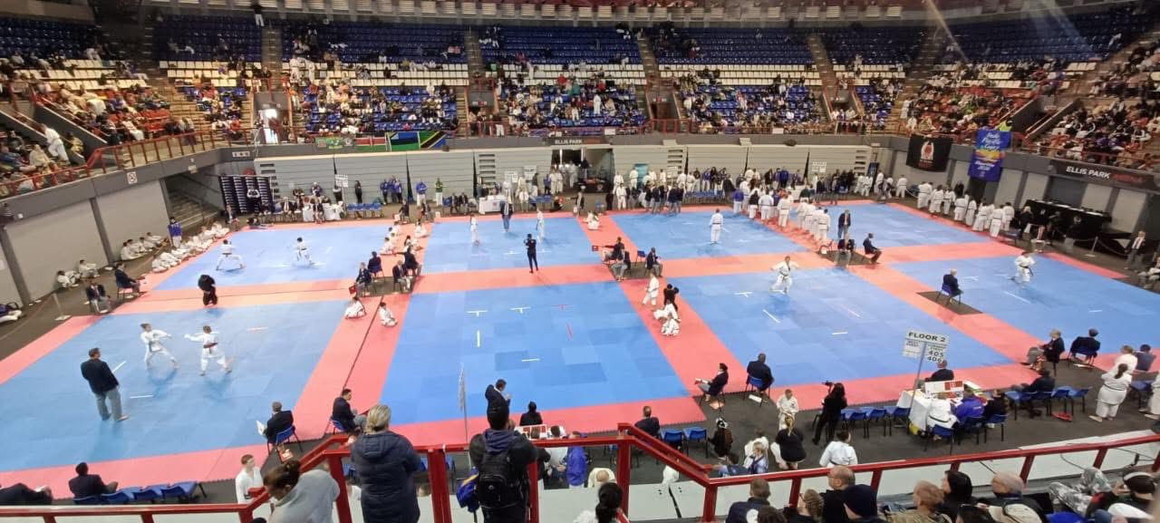 Multiple kumite matches in progress across the arena floor at Ellis Park
